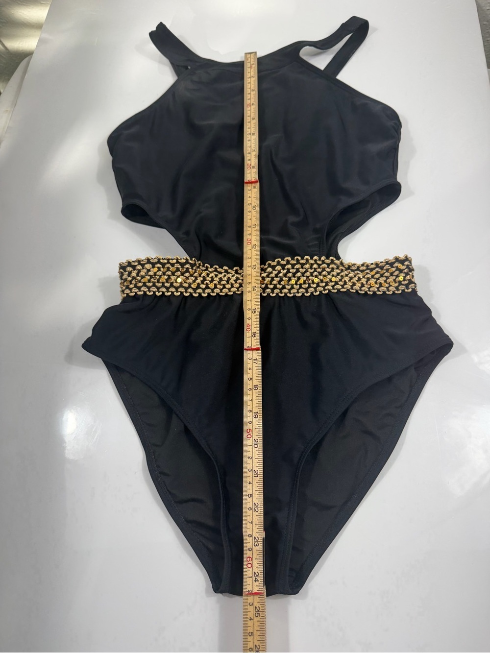 Shell by Hollywood London Black One-Piece Swimsuit Gold Sequin Waist Size Small - Picture 4 of 9